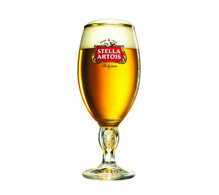 Stella Artois glass chalice full of beer