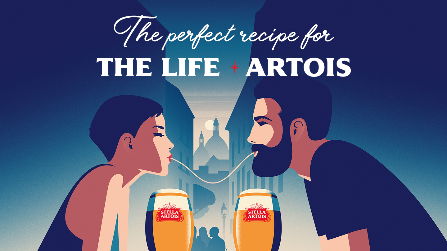 Illustration of two people eating and enjoy Stella Artois beer - The perfect recipe for The Life Artois