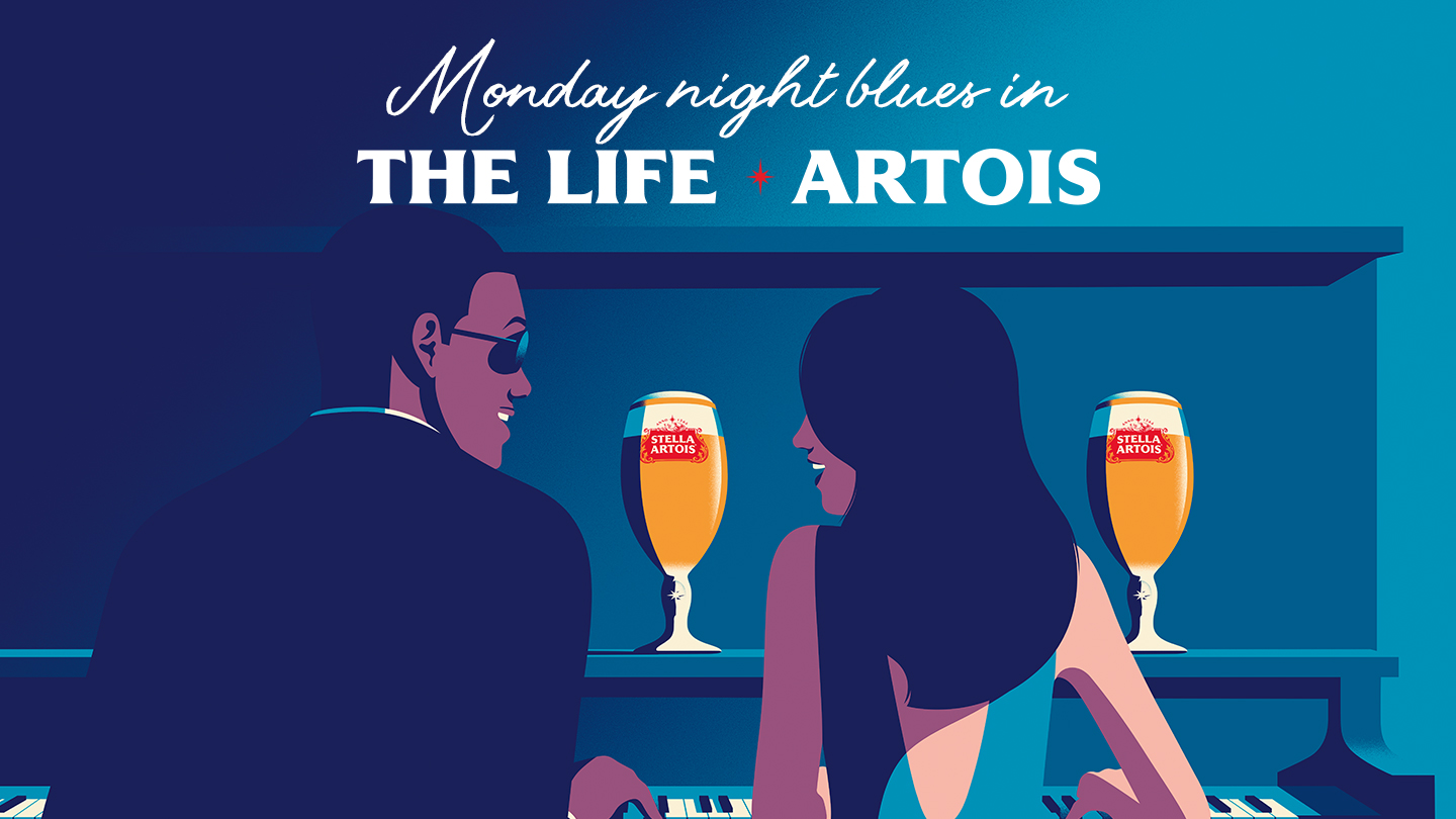 Illustration of man and woman sitting at piano and drinking Stella Artois beer - Monday night blues in The Life Artois