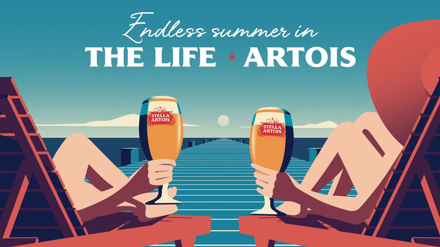 Illustration of two people on lounge chairs near dock enjoying Stella Artois beer - Endless summers in The Life Artois
