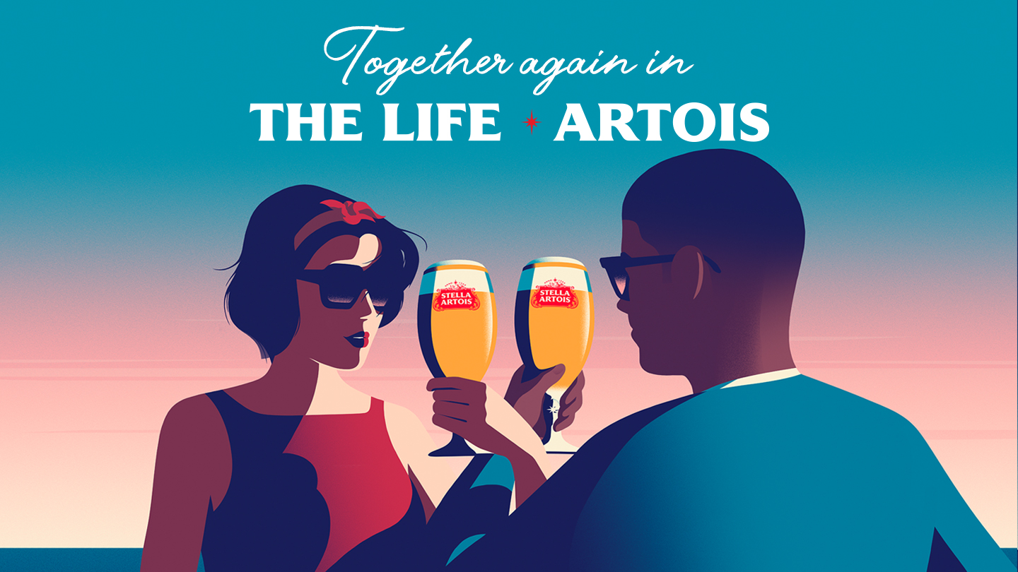 Illustration of man and woman drinking Stella Artois beer - Together again in The Life Artois