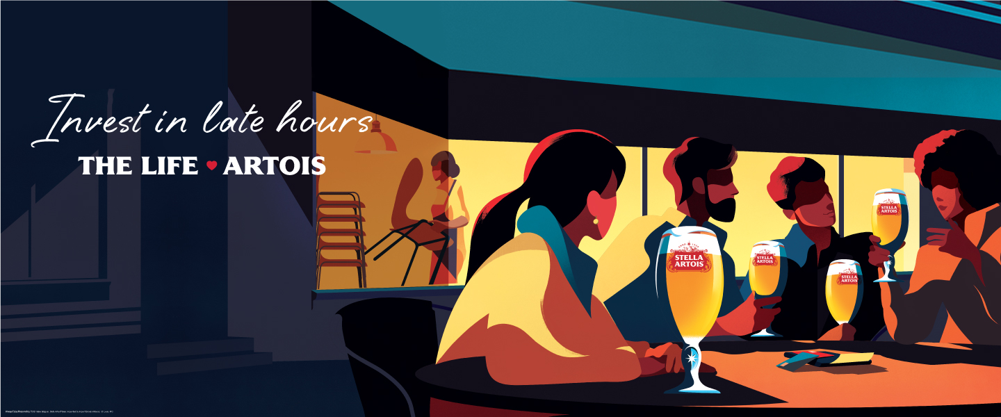 Illustration of man and woman drinking Stella Artois beer - Together again in The Life Artois