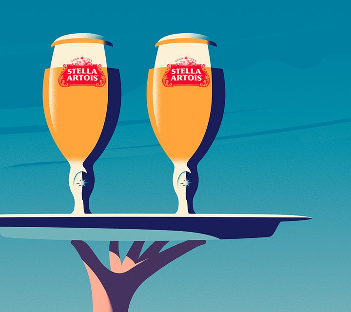 Illustration of Stella Artois chalices filled with beer and on serving tray